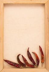 Vintage image of dried red chillies on the canvas frame