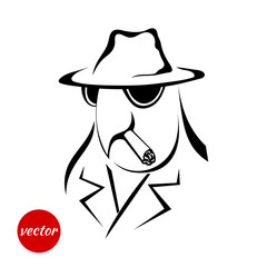 Sketch bird in the coat, hat and cigar isolated on a white backg