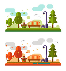 Flat design nature summer and autumn landscapes illustration, including bench in the park, lantern, leaf fall, trees and clouds.
