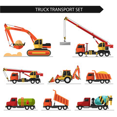 Flat style vector illustration of truck transport isolated on white background. Including concrete mixer, truck crane, bulldozer, gasoline tanker, excavator.