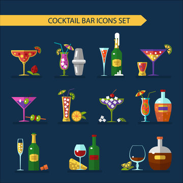 Vector ilustration of alcohol bottles, drinks, and cocktails icons set in flat design style. Including different snacks - cherry, lime, cheese and grape.