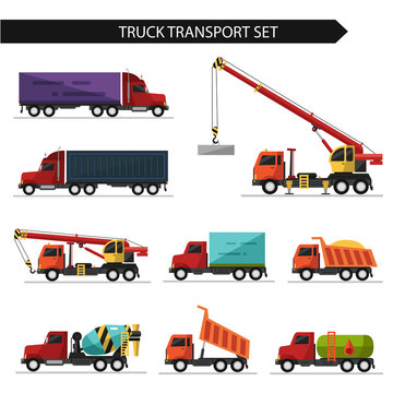 Flat style vector illustration of truck and delivery transport isolated on white background. Including concrete mixer, truck crane, refrigerator, gasoline tanker.
