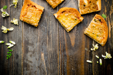 Bread with pork on top (Thai food) on wooden background