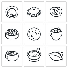 Russian traditional cuisine icons set. Vector Illustration.