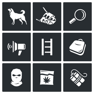 Search dog and crime icons set. Vector Illustration.
