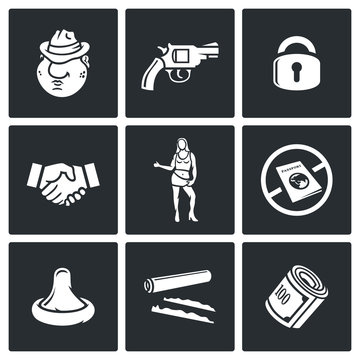 Crime and the slave trade icons set. Vector Illustration.