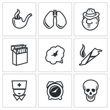 Smoking and effects on the body icons set. Vector Illustration.