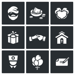 Charity. Help the homeless and poor people icons set. Vector Illustration.