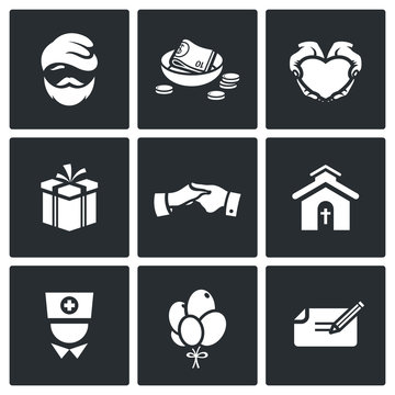 Charity. Help the homeless and poor people icons set. Vector Illustration.