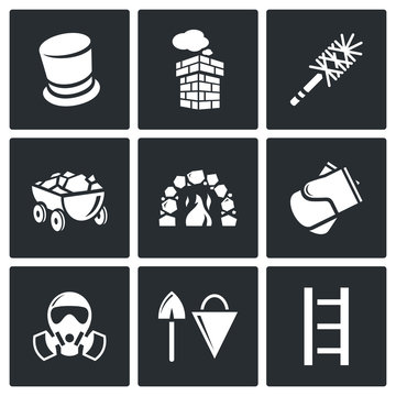 Chimney and heating coal icons set. Vector Illustration.