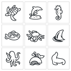 Inhabitants of the sea and ocean icons set. Vector Illustration.