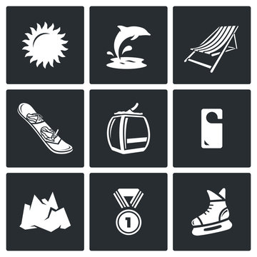 Holidays at seaside and in the mountains icons set. Vector Illustration.