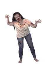 Female zombie isolated over white background