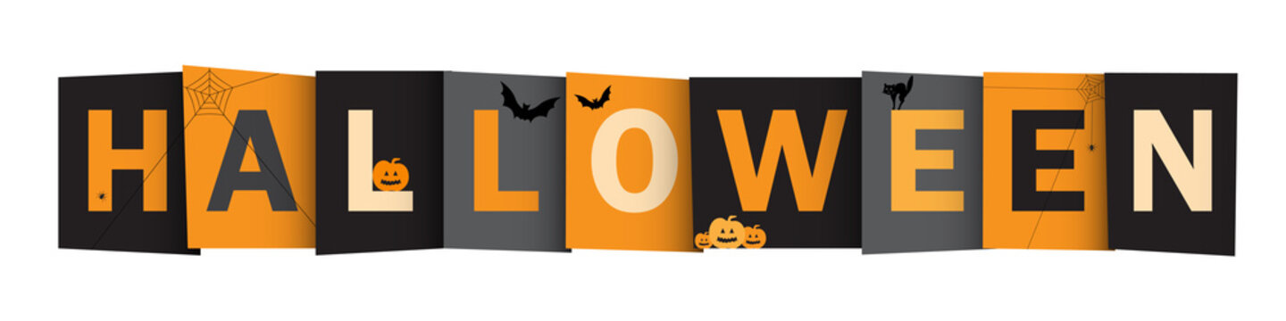 HALLOWEEN Vector Letters Icon with Bats, Black Cat, Pumpkins and Spiders
