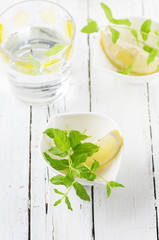 Fresh green mint on the wooden table