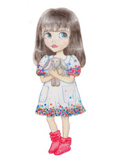 Watercolor Girl with a Bunny toy