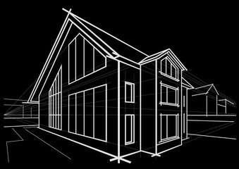 Linear architectural sketch detached house on black background