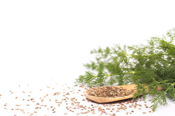 dried dill seeds and fresh dill isolated on white background