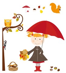 dziewczynka z parasolką, zestaw jesiennych elementow / wektory © katarzyna b