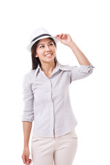 happy casual asian woman with white hat