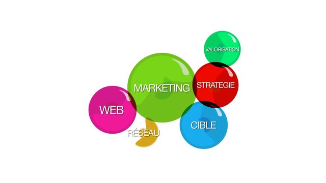 Marketing Web strat&eacute;gie communication internet cible image de marque en r&eacute;seau de ronds couleur animation vid&eacute;o
