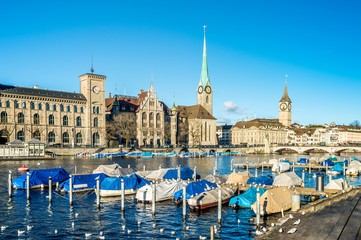 View of Zurich old town in winter.