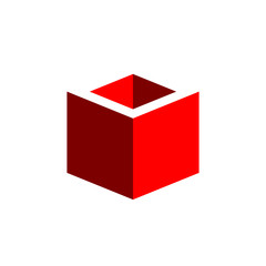 Minimalist 3D Red Cube Icon - Sleek Geometric Block Box Design with Negative Space