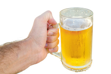 Young man hand holding a refreshing beer isolated on white