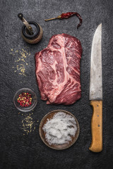 ingredients for cooking beef steak with salt and pepper  carving knife, pepper mill on a dark rustic background top view