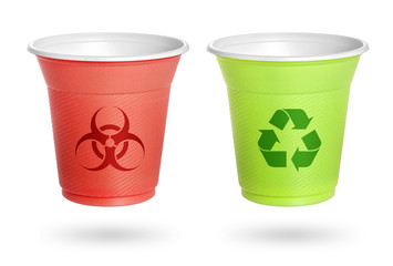 plastic cup with signs recycling on white. environment protection.