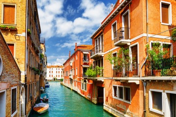 Colorful facades of old houses and the Rio Marin Canal, Venice