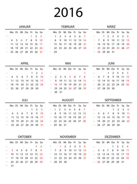 Kalender 2016 mit Linien