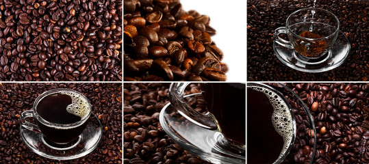 Cup with coffee and hand over coffee beans background. Collage 