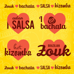 Salsa vector lettering with silhouettes of palms, musical instruments and confetti. Modern illustration, design element.