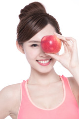 Happy health woman show apple