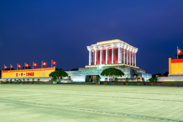 beautiful night view of Ho Chi Min mausoleum in Hanoi city