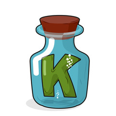 Letter in a laboratory bottle. K In a magic bottle with a wooden