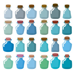 Set of glass bottles for laboratory research. Magic bottle with