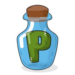 P in bottle for scientific research. letter in a magical vessel