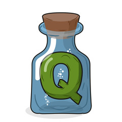 Q laboratory bottle. Letter in magical vessel with a wooden stop