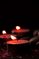 Beautiful Spa composition with aroma candles on wooden . Treatment, aromatherapy