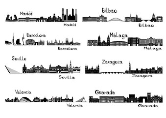 Silhouette signts of 8 cities of Spain - obrazy, fototapety, plakaty