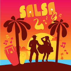 Salsa dancing poster for the party. Cuban couple dance salsa at sunset beach. Musical instruments on seaside. - obrazy, fototapety, plakaty