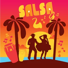 Fotobehang Salsa dancing poster for the party. Cuban couple dance salsa at sunset beach. Musical instruments on seaside. © ozelenska