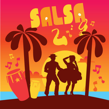 Salsa Dancing Poster For The Party. Cuban Couple Dance Salsa At Sunset Beach. Musical Instruments On Seaside.