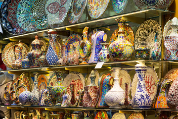 Various products of national crafts on Grand Bazar in Istanbul