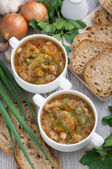 soup with cabbage and mushrooms, top view
