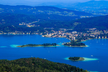 View over Snake Island (Schlangeninsel) at Wörthersee and over Pörtschach
