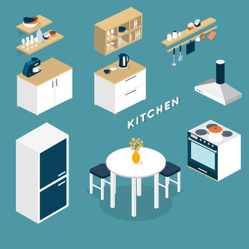 Vector isometric kitchen interior objects - 3D illustration