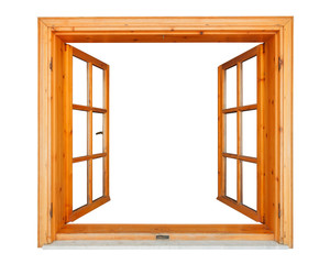Wooden window opened with marble ledge isolated on white background